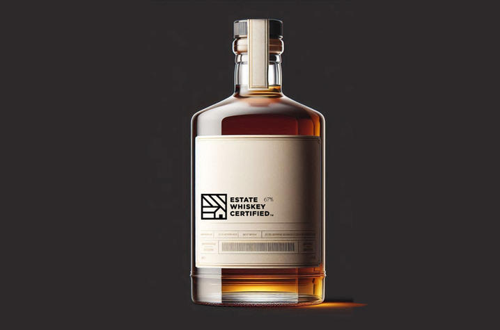 A bottle of whiskey featuring the Estate Whiskey Certified label