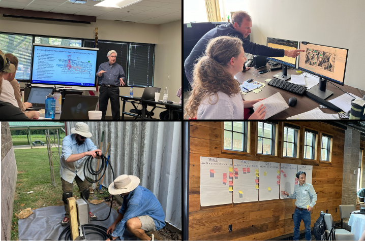 (Top left) Geologists Chuck Taylor; (Top right) Matt Crawford and Evelyn Bibbins; (Bottom left) Boon Schmidt and Seth Carpenter; and (Bottom right) Junfeng Zhu. Photo by KGS. 