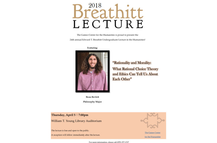 photo of 2018 Breathitt Lecture poster with picture of Beau Revlett