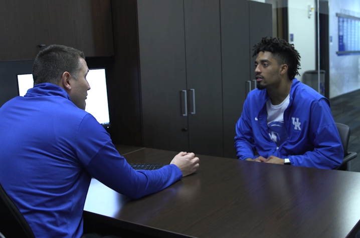 UK Academic Counselor Jon Ross talks with Stephen Johnson, UK Football Player