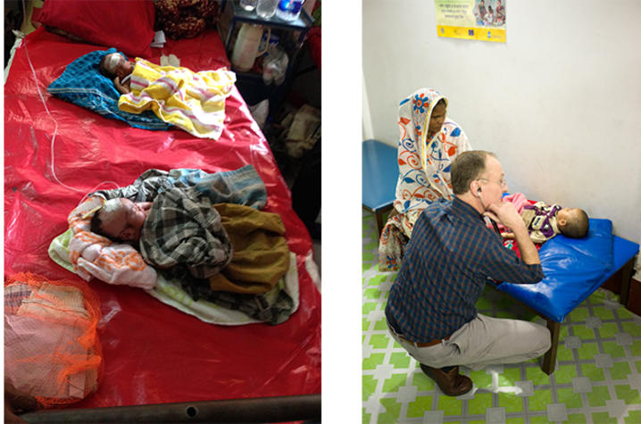 array of two images - on right, two infants lie on bed in a clinic. on left, Fuchs examines a baby while its mother sits nearby