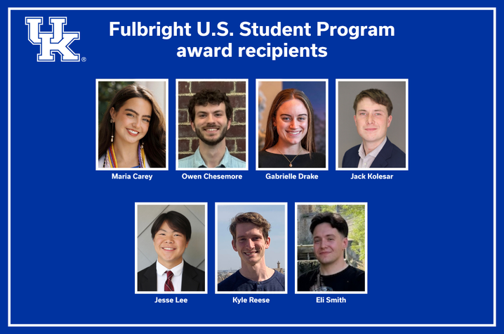 Graphic announcing Fulbright U.S. Student Program award recipients, with six headshots arranged in two rows and recipient names displayed beneath each photo.