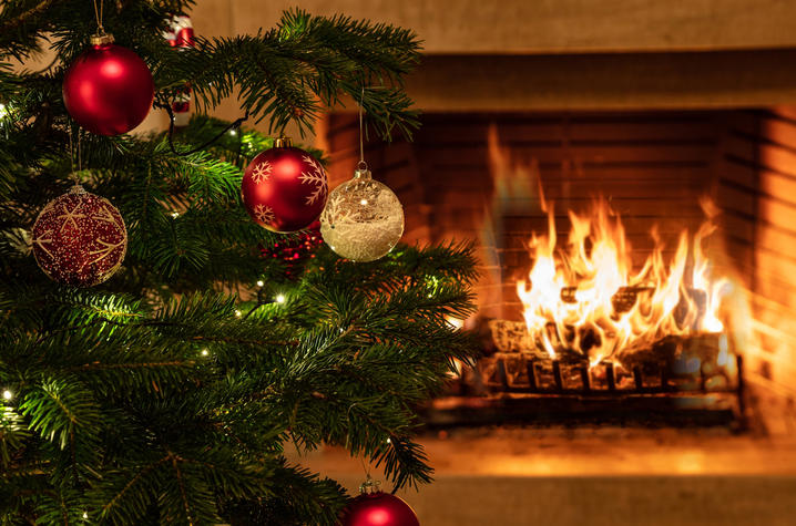 Christmas tree close up on burning fireplace background 