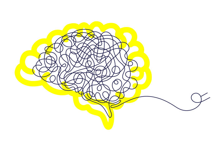 Illustration of a brain outlined in bright yellow with an interior made of tangled dark lines, resembling a chaotic scribble, extending outward into a single loose line on a white background.