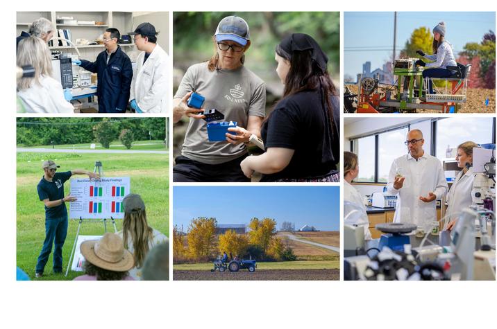 Collage of agricultural and scientific research activities. Images show researchers working with laboratory equipment, conducting field demonstrations, collecting soil samples outdoors, operating agricultural planting equipment in a field.