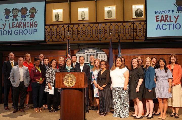 Louisville Mayor Craig Greenberg announced the members of the Early Learning Action Group, including UK's Hans Petersen (in green behind Mayor Greenberg), on June 13, 2023. Photo courtesy of Louisville Mayor Craig Greenberg's Office.