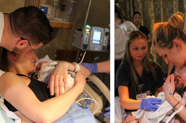 Two hospital photographs side by side show a newborn being held by a parent shortly after birth, with family members and medical staff nearby in a labor and delivery setting.