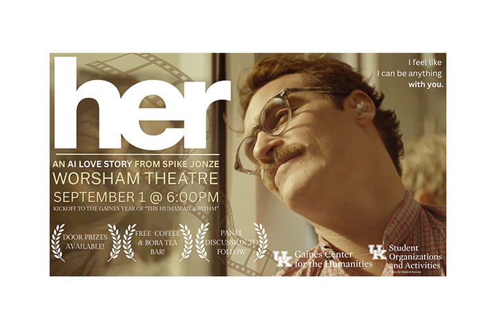 Promotional graphic for a screening of Her at the Worsham Theatre on Sept. 1, featuring a still image from the film and event details.