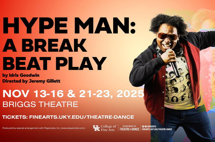 Promotional image for “Hype Man: A Break Beat Play,” showing a performer with a microphone and listing show dates Nov. 13-16 and 21-23, 2025, at the Briggs Theatre.