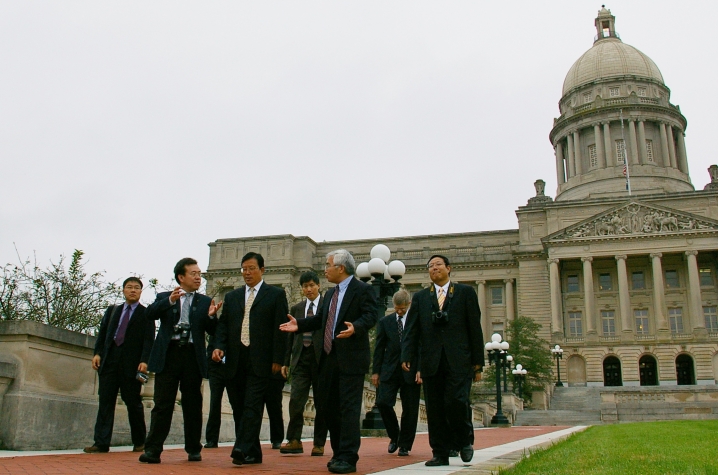 A Chinese delegation participating in the exchange program leaves the state capitol, along with KGS staff, after a visit with the governor in October 2006.