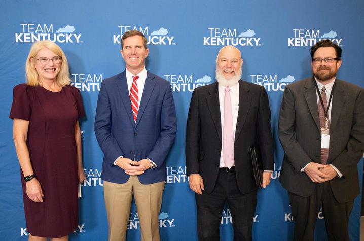 L-R: KIPRC Director Terry Bunn, Kentucky Gov. Andy Beshear, CHFS Secretary Eric Friedlander, Kentucky Recovery Housing Network Program Administrator Jonathan Philpot. UK Photo | Hilary Brown