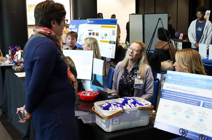 UK HealthCare and Stryker Sustainability were part of the exhibitor showcase. Leslie Anaskevich representing UK HealthCare spoke with and attendee along with Kristy McMillan (right), hospital clinical operations director. Photo provided.