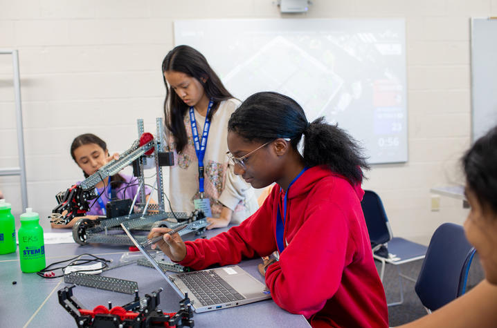 UK students on the Wildcat Robotics team, who recently competed at the Vex U Robotics World Championships and placed in the top 10 in their first showing, helped with the Vex Robotics section of STEM Experiences Camps. Photo by Amanda Nelson.