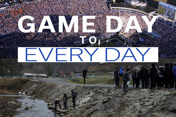 Composite image showing a packed football field on game day above a group gathered along a creek, with the words “GAME DAY TO EVERY DAY” across the center.