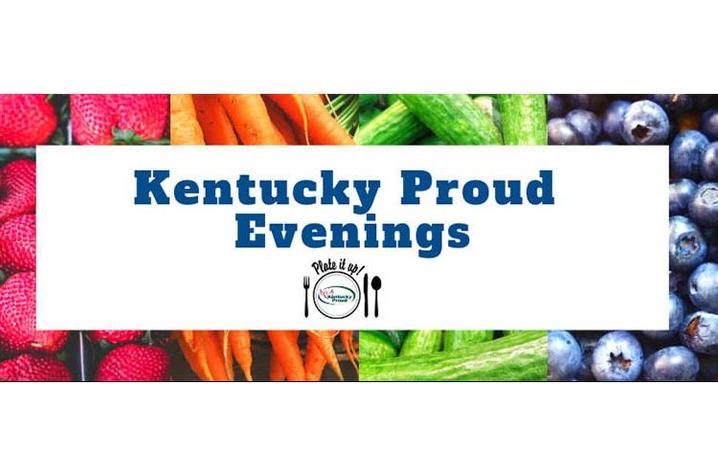 Kentucky Proud Evening logo with background of fresh strawberries, carrots, cucumbers and blueberries
