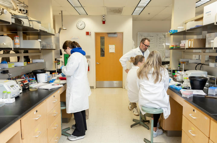 Four people in white lab coats work at benches in a laboratory filled with pipettes, tubes, containers and other research equipment. One person handles materials while three gather at the opposite bench.