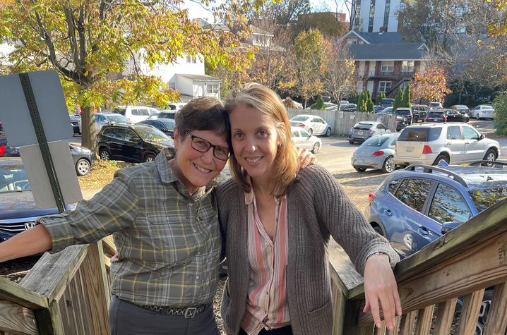 Former director Allison Connelly and current Director D'lorah Hughes standing outside Law Clinic