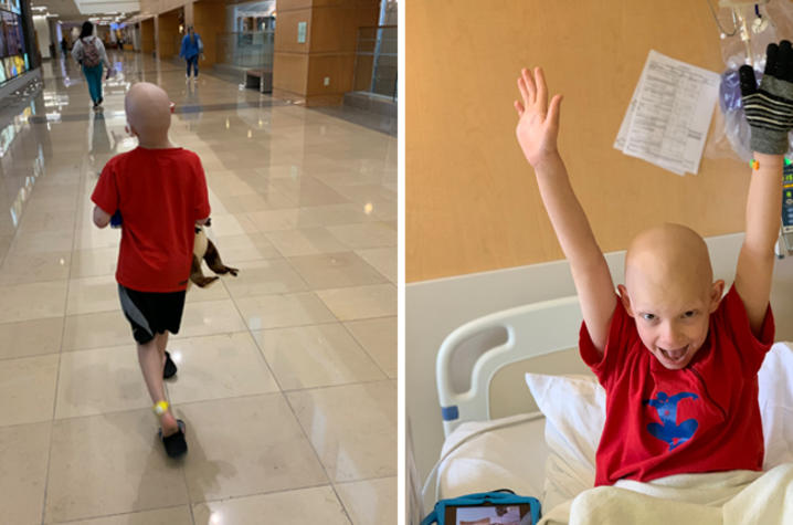 On right, image of Lewis in red t-shirt walking through the lobby of UK hospital. On right, Lewis in a red t-shirt with both arms up