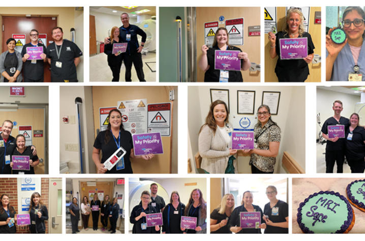 photo collage of MRI technicians holding signs that say "safety is my priority"