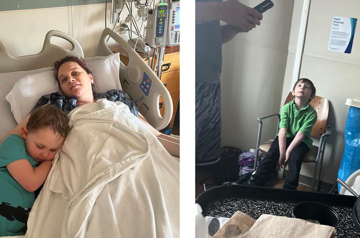 Images of Ashley Martin and her stepsons Side-by-side photos showing a person in a hospital setting: on the left, they lie in a hospital bed with medical equipment nearby; on the right, they sit upright in a wheelchair in a hospital room, appearing alert and comfortable.