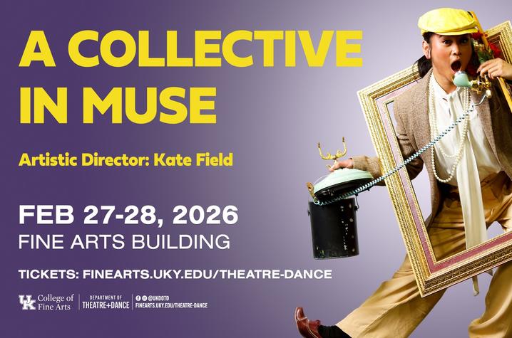 Promotion graphic for “A Collective in Muse.” Promotional graphic for ‘A Collective in Muse’ featuring a performer stepping through an empty picture frame with dramatic lighting and text detailing event dates and location.