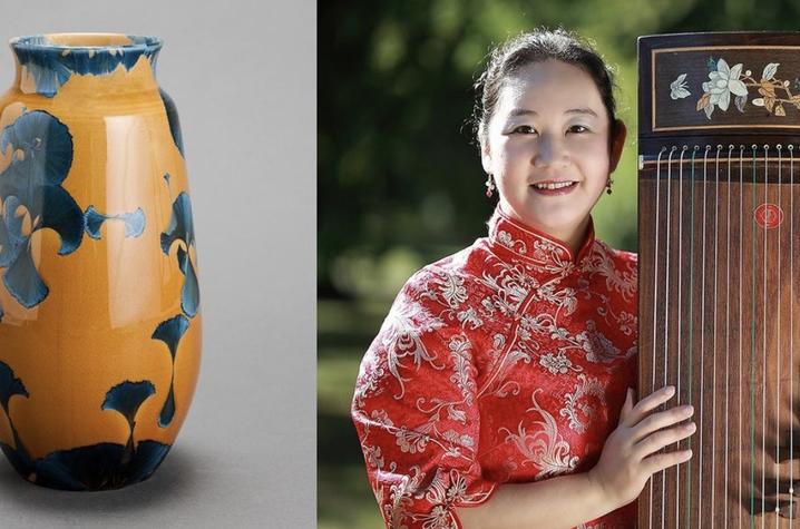 Sculptural art by Li Hongwei featured in "Brilliant Illusions: Crafted Forms by Li Hongwei" exhibit and musician Shin-Yi Yang with guqin