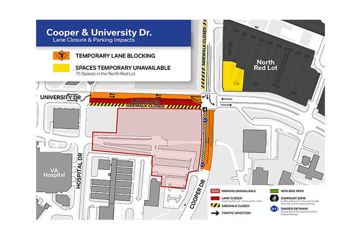 Map showing temporary lane and sidewalk closures and unavailable parking near Cooper and University drives.