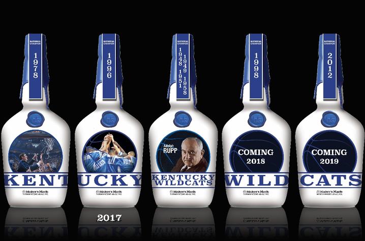 photo of series of Maker's Mark bottles featuring the NCAA basketball titles as of 2017