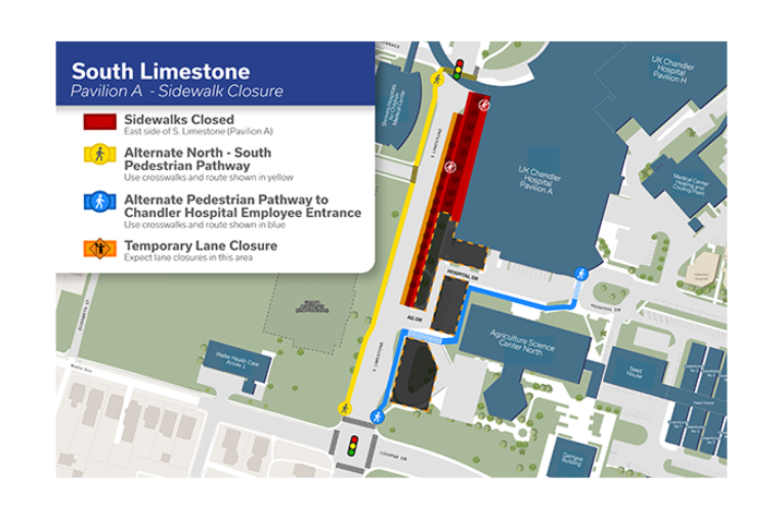 Map of the South Limestone Pavilion and Sidewalk Closure, showing closed sidewalk areas, pedestrian pathways and alternate pedestrian routes.