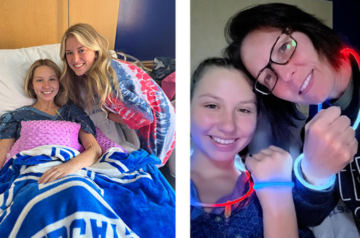 on the right, Payton in hospital bed, smiling with a friend. on the left, Payton and her mother wear glow bracelets and necklaces