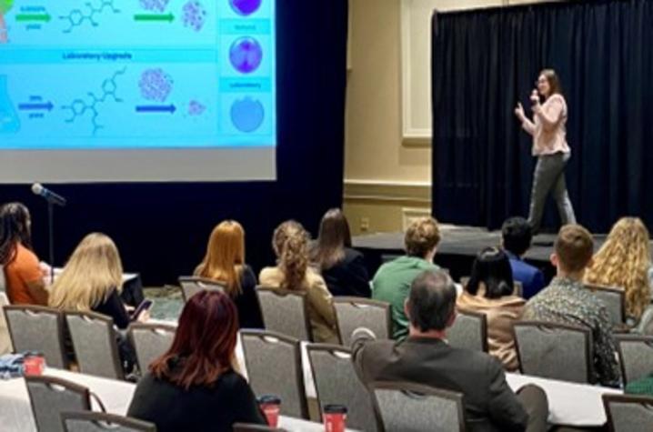 photo of Conference of Southern Graduate Schools’ regional 3MT competition Person on a stage pointing to a screen with a presentation while speaking to dozens of people sitting in the audience