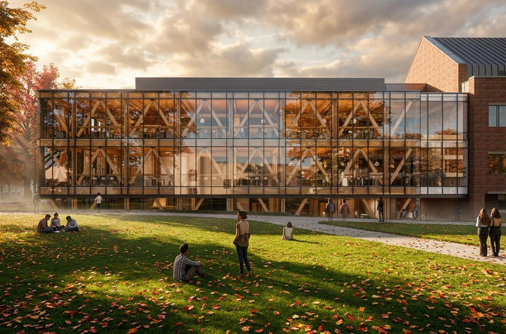 A modern glass-and-steel building overlooks a grassy lawn where several people are gathered.