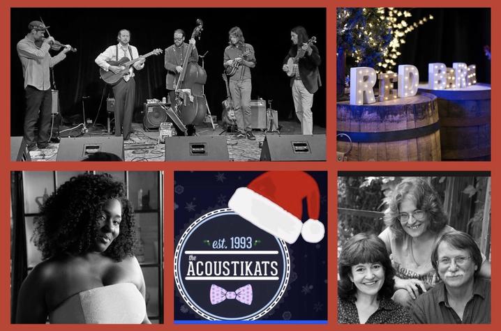 photo of web banner for "Red Barn Radio Holiday" including Joslyn Hampton, acoUstiKats logo, Al, Alice and Ruth​, Restless Leg String Band