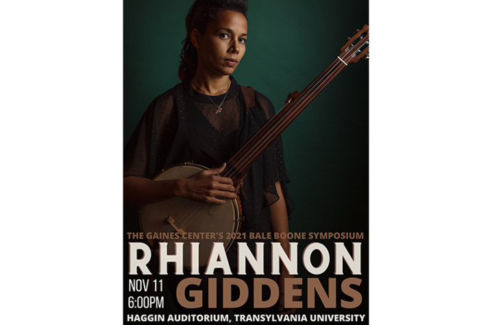 2021 Bale Boone Symposium poster with Rhiannon Giddens holding banjo