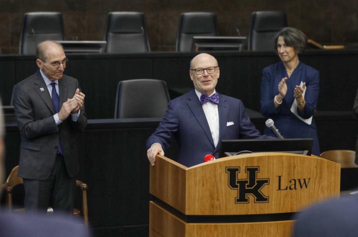 photo of Capilouto, J. David Rosenberg and Mary Davis at announcement of UK Law donation