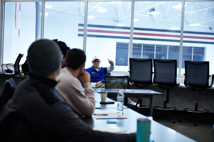 Photo of Matt Moore Speaking with S4C in a Meeting.