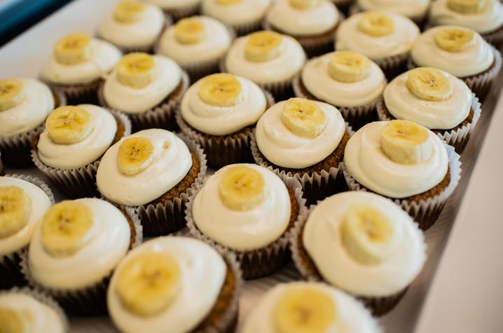 Detail of banana-topped cupcakes