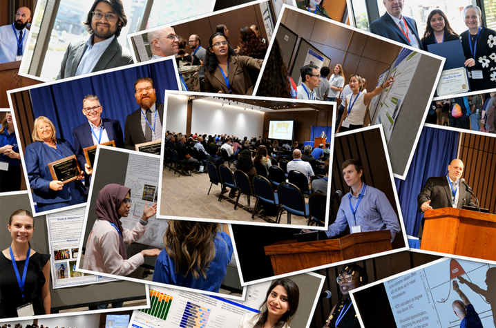 Collage of photos from a research symposium showing presenters at poster sessions, speakers at podiums, award recipients, attendees in a lecture hall, and researchers networking and discussing projects throughout the conference.