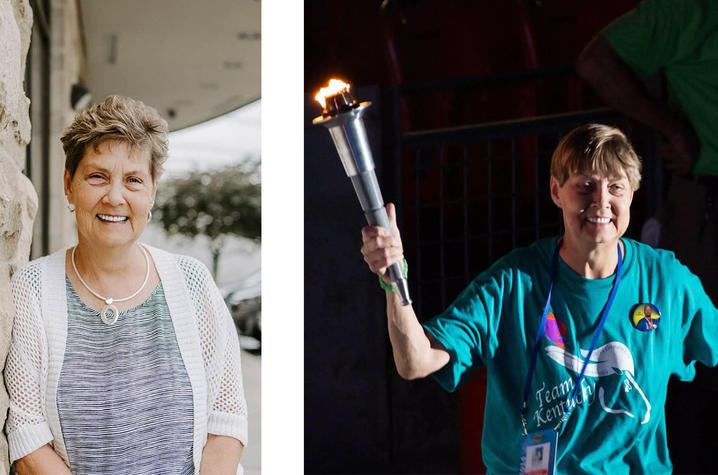 Side‑by‑side photos of the same adult. At left, the person stands outdoors against a stone wall, wearing a striped shirt and light cardigan. At right, the person holds a lit torch during a nighttime event, wearing a teal Team Kentucky shirt.