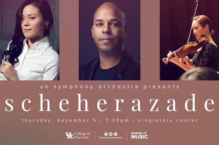 photo of web banner for UK Symphony Orchestra's "Scheherazade" concert with headshots of Sey Ahn, João Rocha and Ella Chang