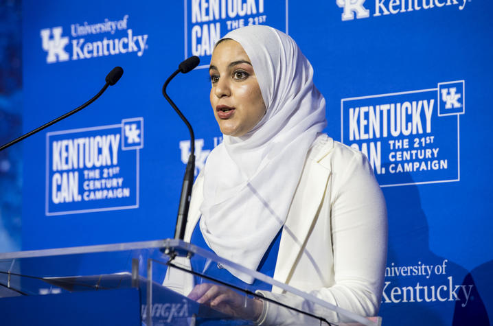 UK student Amani Shalash, a 2019-20 UK Alumni Association Scholarship recipient, speaks during the UK Alumni Association Scholarship banquet on Sept. 13 at the Bill Gatton Student Center. Photo by Tim Webb.