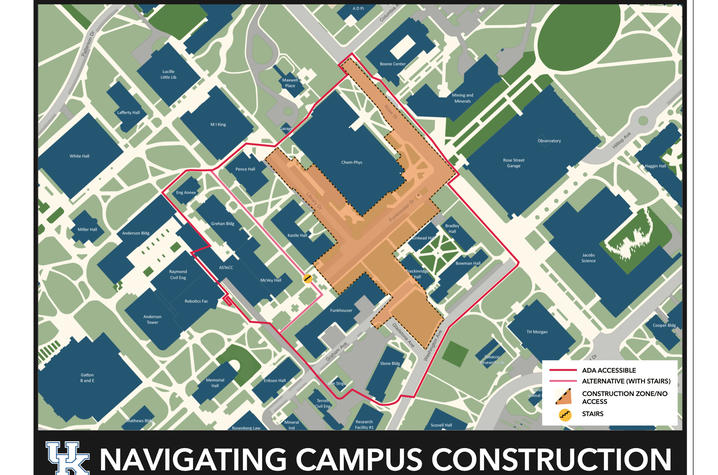 The navigating campus construction map, showing an accessible route around the site.