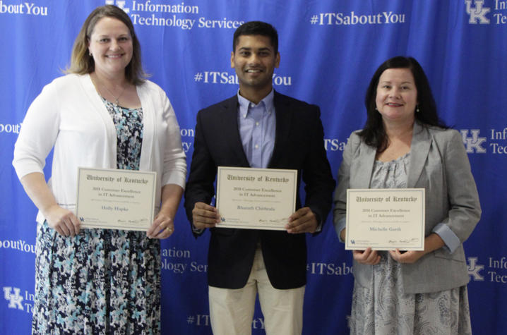 ITS Customer Excellence Award winners are from left, Holly Hapke, Bharath Chithrala, and Michelle Garth. Photo courtesy of Rebecca Clements, Information Technology Services (ITS).