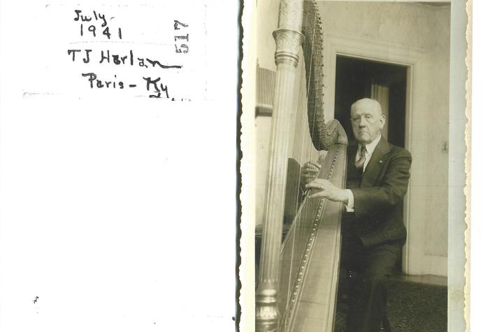 photo of Thomas J. Harlan with Lyon & Healy pedal harp, 1941