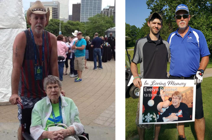 Array of images; on left, Tom with his mother-in-law. On right, Tom with a memorial sign for his late mother-in-law