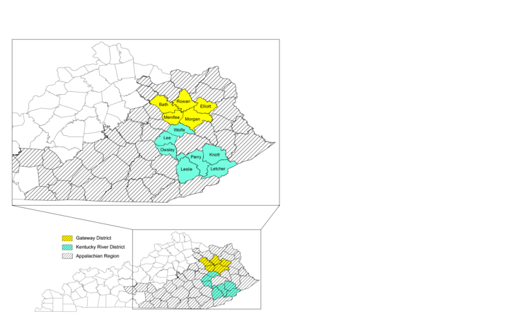 Map with color coding to identify 12 counties in Kentucky which will be the site for the research project.