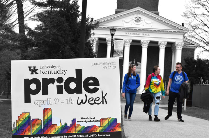 photo of UK Pride Week sign in front of Memorial Hall