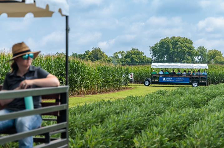 Person in sun hat riding on the back of a trailer in a field with another tractor with trailer  and UK marketing giving a tour of field in the background 
