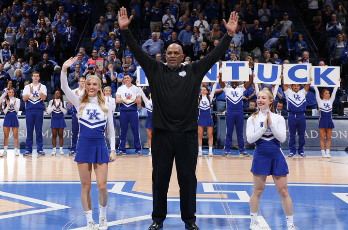 photo of James Lee doing "Y" at UK/Mizzou Feb. 24 game - 40th anniversary of 78 team