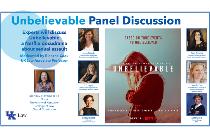 Panel flyer featuring panelists headshots, names and titles as well as the Netflix poster for "Unbelievable/"